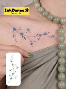 1 Set "Blue Wildflower" Temporary Tattoo Stickers, Realistic Tattoo Effect, Minimalist Botanical Style, Waterproof, Colorful, InkDance, Ink Dance, Easy To Apply And Remove CSD076 - Multicolor - View 2