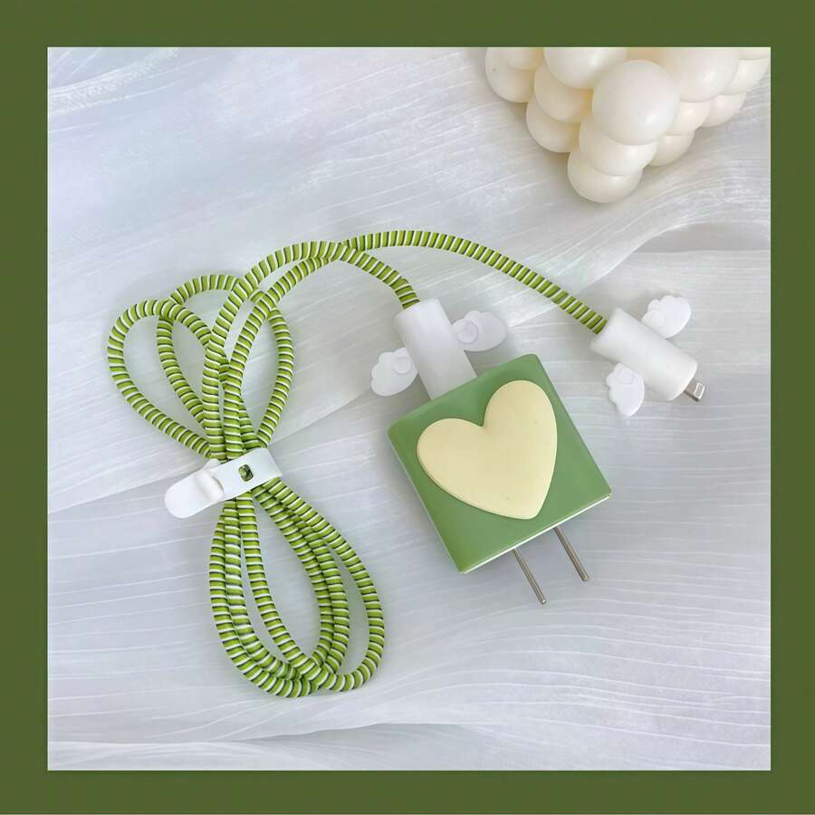 1pc Flower Themed Protector Set, Compatible With 18W/20W Apple Chargers, Green Charger Case, & Cable Winding Protector - Multicolor - View 1