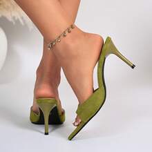 Women's Pointed Toe Stiletto High Heel Suede Open Toe Open Back Slip-On Mule Sandals, Solid Color Fashion Party Banquet Evening Shoes, Summer - Green - View 3