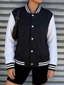 1 Pc Teen Girls Loose Fashionable Outdoor Sports Casual Fleece Baseball Jacket, Versatile Autumn/Winter - Black - View 7