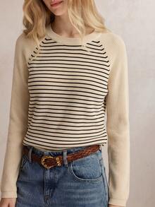 Sweater Rajut Leher Bulat Raglan Bergaris Aprikot Muda & Hitam, Pakaian Kasual Segar untuk Lapisan Dalam/Luar, Hem Bergaris Mengoptimalkan Proporsi Tubuh, Cocok untuk Musim Gugur - Aprikot - View 2