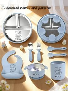 8pcs Baby Led Weaning Stainless Steel Tableware Set, Plates, Bowls, Stainless Steel Forks Spoons, Bibs, Customizable With Names And Patterns - Multicolor - View 2