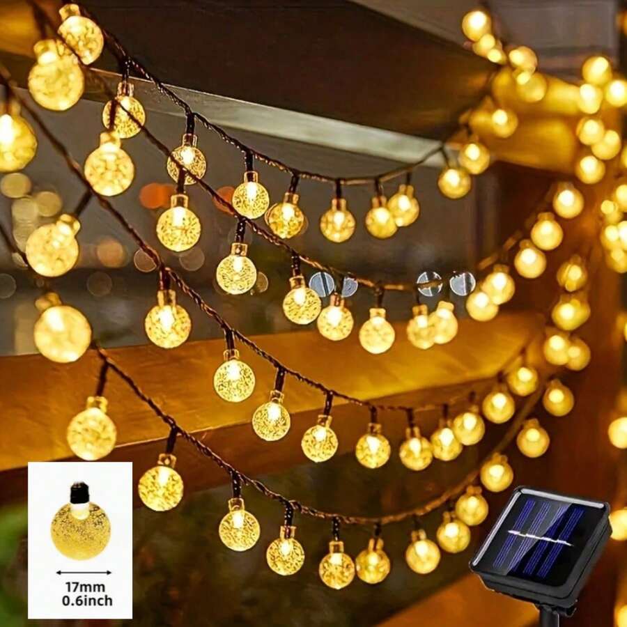 智能感應夜燈（黃昏自動開啟），1串 20/30/50/100/200顆 LED 迷你太陽能水晶球串燈，燈泡直徑 1.7cm/0.7inch，戶外防水，8種照明模式，太陽能供電，適用於花園、庭院、門廊、婚禮派對裝飾、戶外裝飾、萬聖節裝飾
