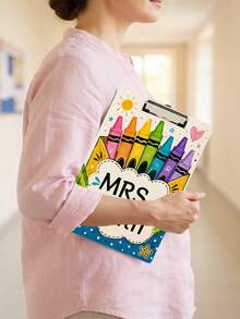 1pc Custom Teacher Name Rainbow Crayon Box Clipboard, Personalized Cute Apple Sun Girly Writing Board, Teacher Appreciation Gift,Back To School,Office Desk Decor,Teacher Gift - Multicolor - View 4