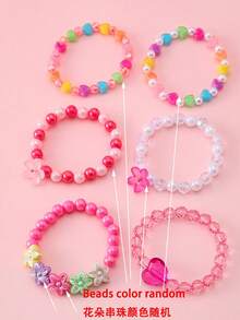 6pcs Dopamine Candy Color Girls Bracelets | Heart Crystal Flower Beaded Versatile Wristbands (Flower Bead Color Random) - Multicolor - View 6