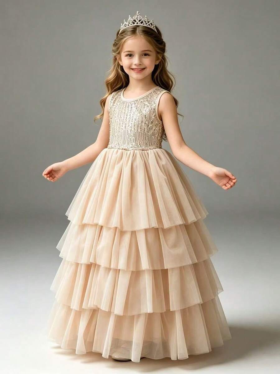 Girls Sequin Sleeveless Dress, Children's Princess Dress, Summer Wedding Party Cake Dress, Long Dress - Champagne - View 1