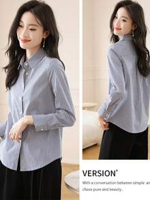 Women's Striped Long Sleeve Button-Up Collar Shirt, Suitable For Autumn Office Wear, Non-Stretch Polyester Fabric, Regular Fit. - Navy Blue - View 8