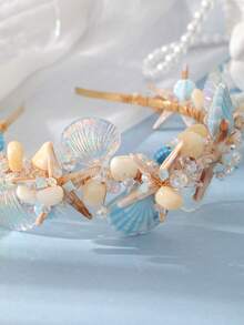 Diadema de sirena con estrella de mar natural, concha marina y cristal, con alambre dorado, accesorios para el cabello de novia para boda, despedida de soltera y playa - Multicolor - Ver 8