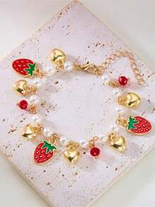 1pc Sweet Strawberry Faux Pearl Love Bracelet Forest Style Girl Heart Red Strawberry Pendant Bracelet, Unique Jewelry - Multicolor - View 2