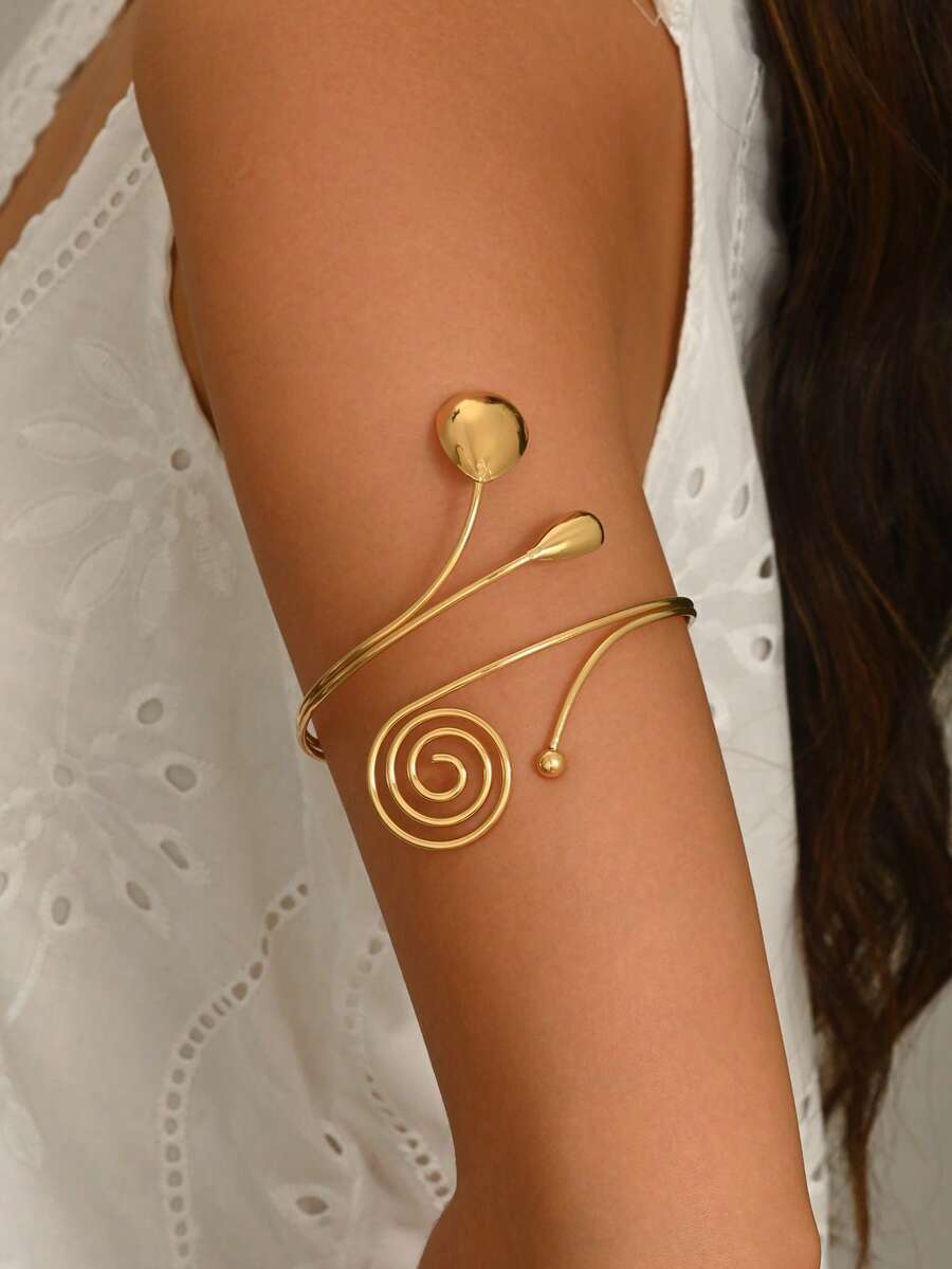 1pc Fashionable Personalized Glossy Water Drop Spiral Geometric Open Adjustable Arm Decor, Suitable For Music Festival, Dance Party, Party Wear - 金色 - 查看 1