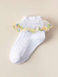 4 Pairs Girls Baby Spring/Summer White Ruffle Trim Pleated Socks With Hollow Heart Pattern, Lace Pink Embroidered Floral Multi-Trim Mesh Breathable Fashion Princess Socks, Dance Socks, Suitable For Home Daily Wear/Travel/Back To School (Fits 0-12 Years) - Multicolor - View 5