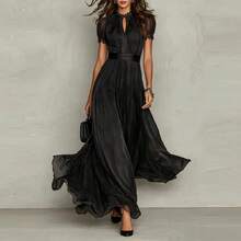 New V-Neck Waisted Ruffled Temperament Dress Long Sarong Dresses Dresses - 黑色 - 查看 3