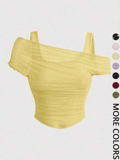 Top corto fruncido con escote asimétrico para mujer - blusa de malla moderna para club, noche romántica y vacaciones