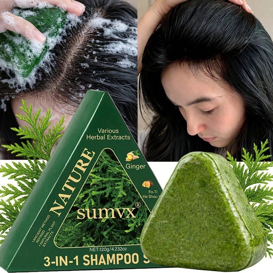 Sumvx Nature 3-IN-1 Shampoo Soap For Hair Care, Moisturizing Repair Volumizing Anti-Hair Loss, Ginger Fo-Ti He Shou Wu Artemisia Argyi Leaves, Shampoo Scalp Care For Dry Hair Fine Hair Damaged Hair Oily Scalp, Herbal Hair Cleansing - 120g - View 1