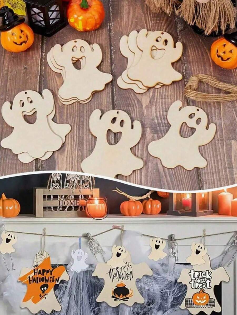 10/20 piezas Decoraciones colgantes de Halloween, adornos de fantasmas de madera en blanco, adecuados para pintura DIY, decoración del hogar para fiestas de Halloween, adecuados para interiores, exteriores, jardín, césped, fiesta, regalo portátil de vacaciones, suministros para fiestas de terror en el hogar - Decoraciones de madera hechas en casa - Ver 1