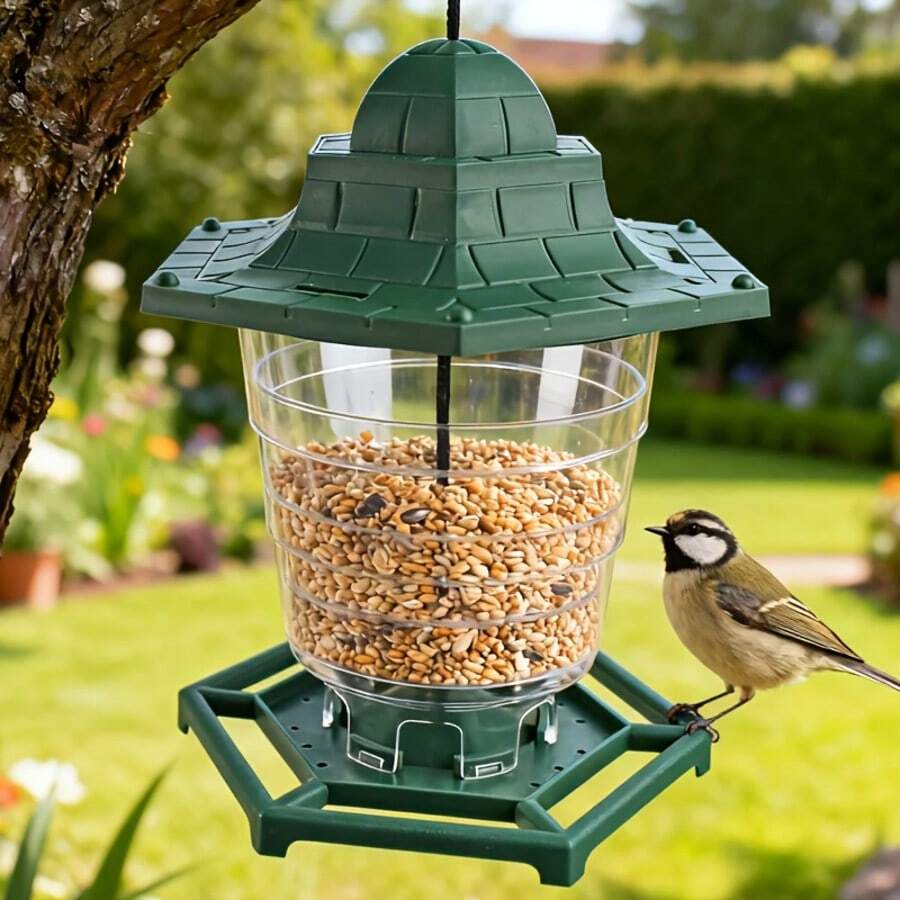 1pc Large Capacity Outdoor Hanging Bird Feeder, Weather-Resistant Green Plastic Bird Food Feeder With Transparent Storage Bin And Sturdy Perch Tray, Suitable For Backyard Garden Yard Bird Watching - A - View 1