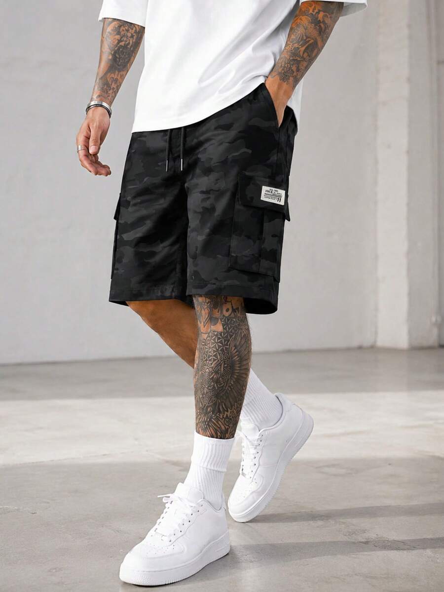 Pantalones cortos casuales de camuflaje para hombres - Pantalones cortos holgados de secado rápido para verano, adecuados para ocio, playa y actividades deportivas al aire libre - Negro - Ver 1
