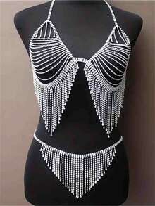 Luxury Sexy Rhinestone Body Chain Bra Accessory Crystal Tassel Dress Body Jewelry For Women Party Nightclub Dress - Silver - View 2