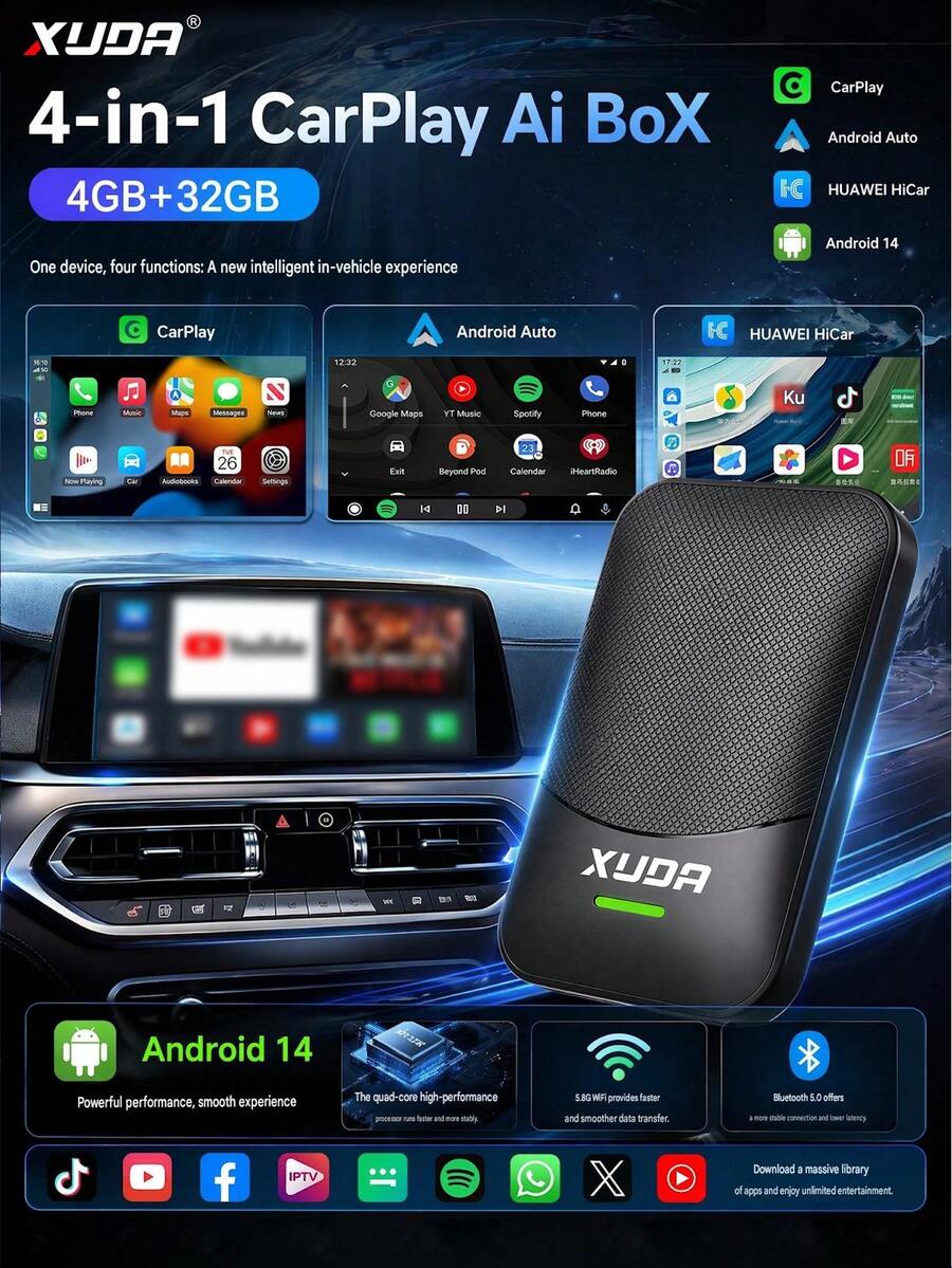 XUDA 新款 4合1 車載 AI 盒子 Android 14/CarPlay/Android Auto/HiCar,支持四種作業系統切換,4+32GB 高性能、多功能、穩定流暢不中斷,內建應用程式 - A - 查看 1