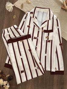 Women's Striped Pajama Set, Cute Cartoon Cat & Dog Print Long Sleeve Pajamas, Soft & Breathable Button-Up Loungewear Sleepwear Set - Multicolor - View 8