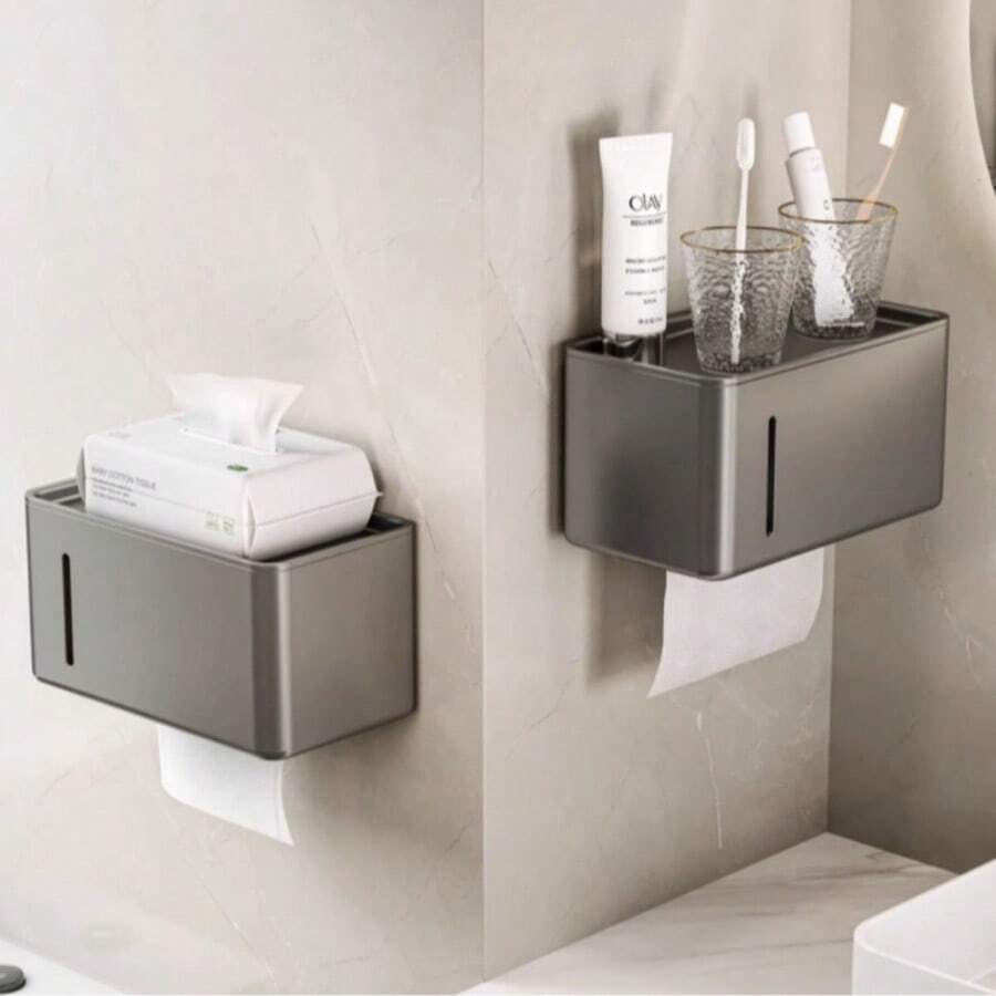 1pc Multi-Functional Carbon Steel Fashion Facial Tissue Box, Minimalist No-Drill Wall-Mounted Storage Rack With Shelf, Easy Installation Rust-Proof, 3 Colors Available, Perfect For Small Bathroom And Kitchen Storage, Enhances Home Decor Style - Multicolor - View 1