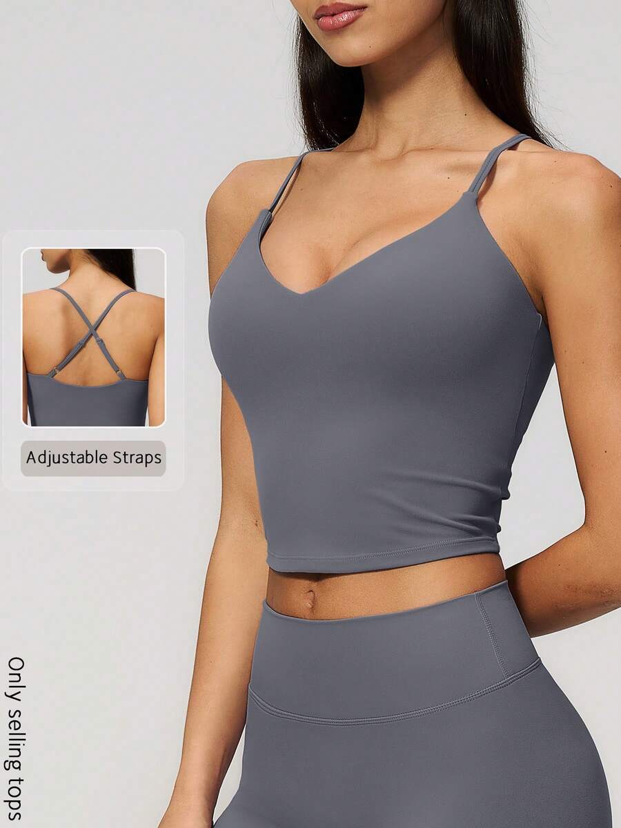 NcmRyu Women's 1pc Solid Color Adjustable Thin Criss-Cross Back Strap V-Neck Waist-Exposing Camisole - Dusty Blue - View 1