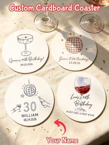 Customized Cardboard Coasters, Round Coasters With Personalized Name And Date, Customizable Text Desktop Decor, Birthday, Bachelor Party, Wedding, Wine Glass Theme Coasters, Personalized Commemorative Gift - Multicolor - View 2
