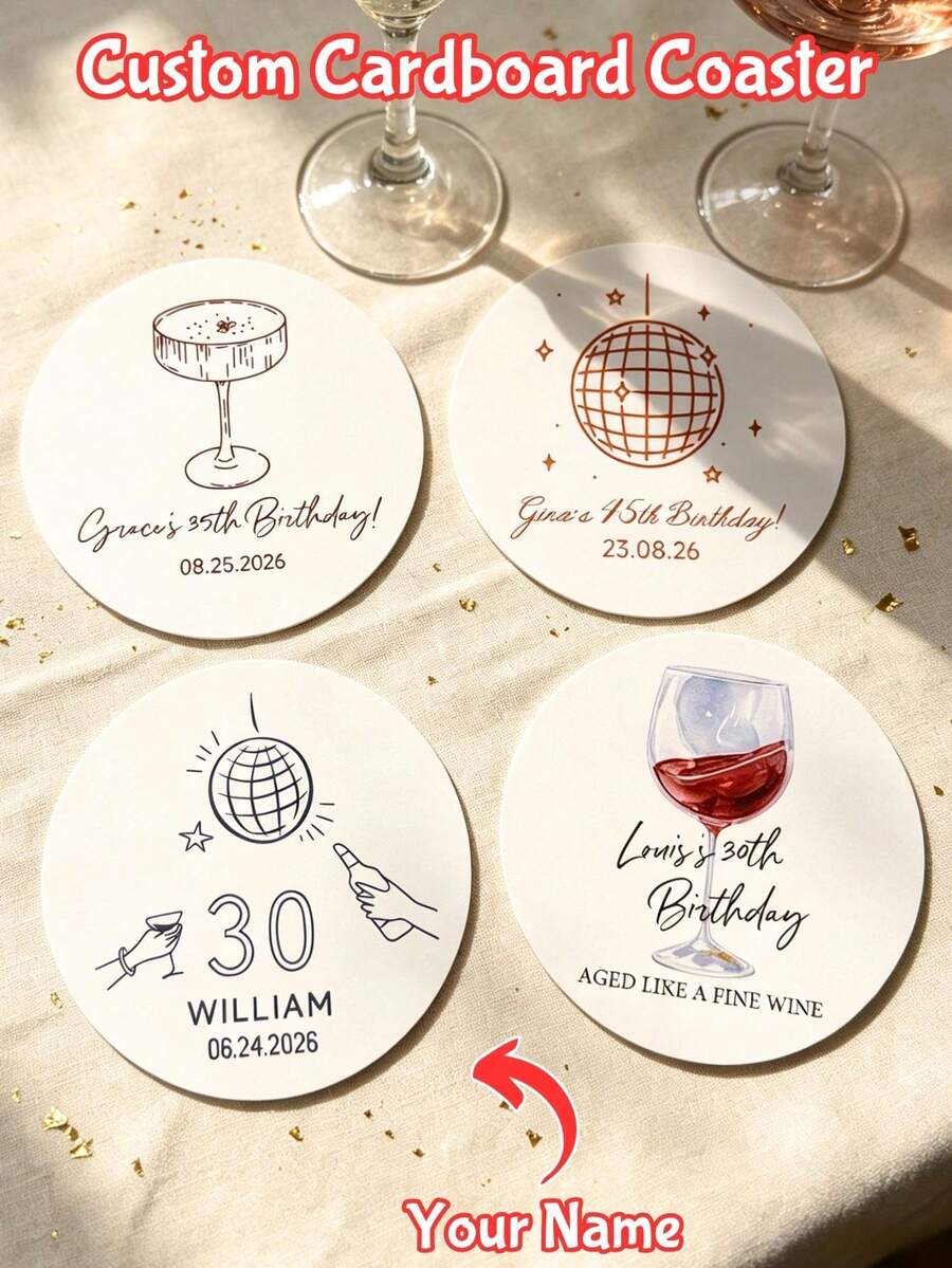 Customized Cardboard Coasters, Round Coasters With Personalized Name And Date, Customizable Text Desktop Decor, Birthday, Bachelor Party, Wedding, Wine Glass Theme Coasters, Personalized Commemorative Gift