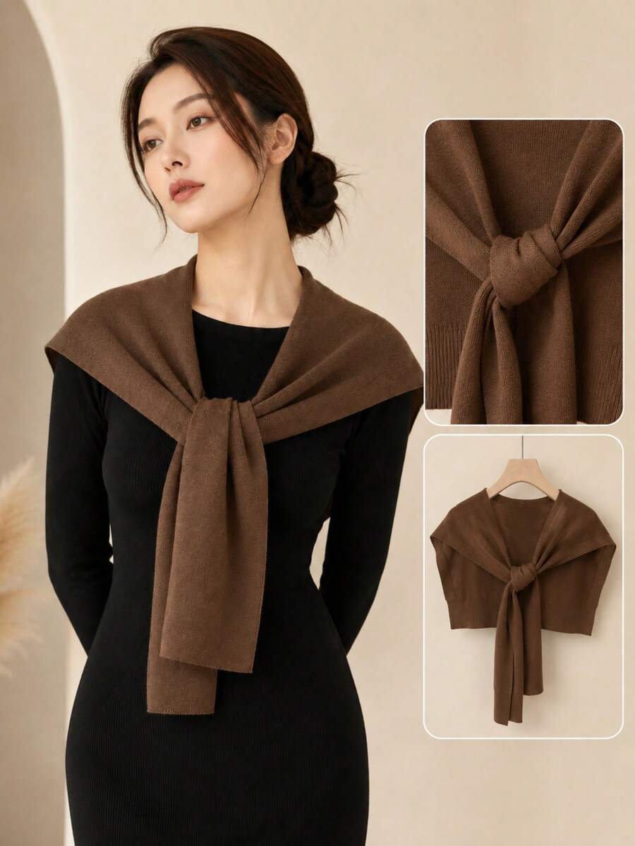 Women's Solid Knit Shawl, Versatile Tie Front Neck Scarf, Casual Warm Layering Accessory - Coffee Brown - View 1