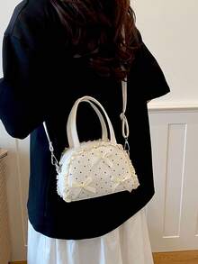 Bolso bandolera con lazo decorativo, encaje, volantes y lunares - Beis - Ver 7