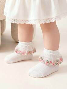 1/4雙春夏款白色蕾絲刺繡襪，適合女孩與幼兒，網眼透氣時尚公主襪，花卉藤蔓裝飾蕾絲，柔軟舒適百搭學院風，適合節日禮物/旅行/日常搭配公主洋裝 - 彩色 - 查看 3
