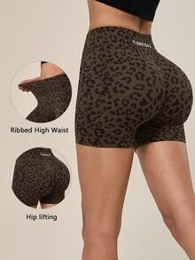 TimeOff Shorts deportivos de mujer de 1 pieza con estampado de leopardo, sin costuras, con glúteos fruncidos, cintura acanalada y cintura alta - Marrón - Ver 10