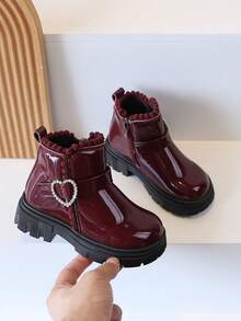 1 Pair Girls' Heart Rhinestone Ankle Boots, Thick Sole Princess Fashion Versatile Outdoor Wear, Mid-To-Large Children's Ankle Boots, Autumn/Winter - Hot Pink - View 5