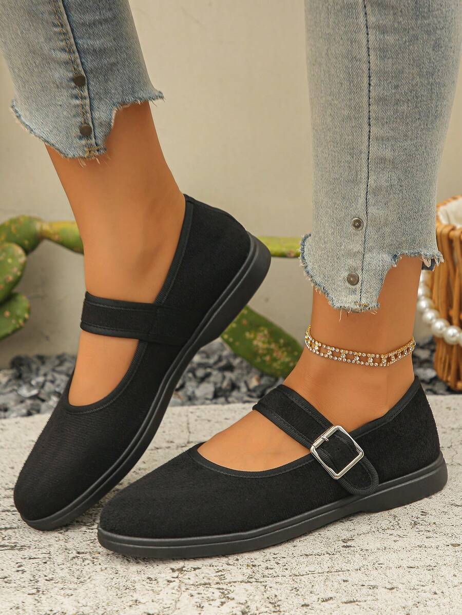 Zapatos Mary Jane de punta cuadrada planos talla grande 35-43, nuevo estilo primavera/otoño, uso diario y desplazamiento, suela blanda de vamp bajo con malla hueca y hebilla, zapatos planos para mujer para faldas, zapatos negros para todas las estaciones, - Gamuza negra - Ver 1