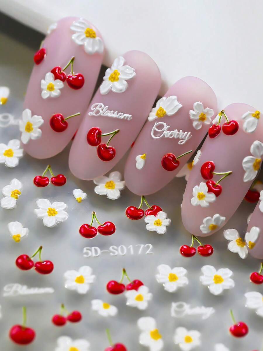 5D Embossed Elegant Cherry Fruit & Daisy Nail Stickers Cute White Flowers Nail Decals Self-Adhesive Nail Decor For Summer DIY Manicure Wedding Season Bridal Salon Nail Art Supplies