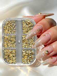 6-Grid Box Gold Ocean Metal Nail Art Charms, Starfish Shell Conch 3D Metal Nail Studs, Summer Beach Style DIY Nail Decoration Accessories - Gold - View 8
