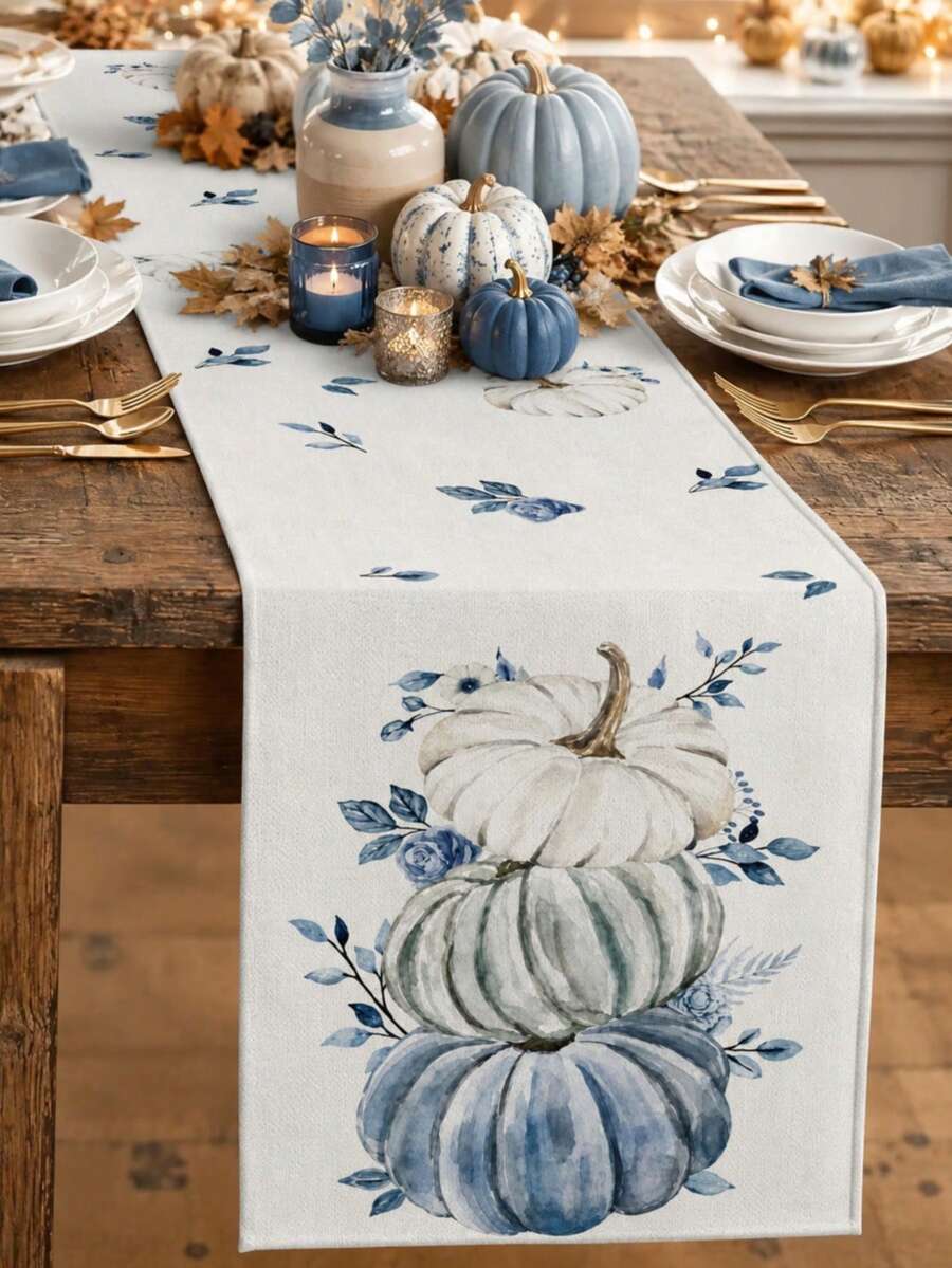 1 Stück Thanksgiving blauer Kürbis Tischläufer, Kürbis Platzset, Kissenbezug, Herbst/Winter ländlicher Stil, Thanksgiving Heim- & Küchendekoration, geeignet für Thanksgiving Familiendekoration und Partydekoration - Verschiedenfarbig - Übersicht 1