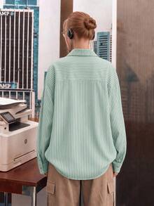 Women's Vintage Light Green Striped Ruched Loose Blouse, Oversized Casual Layering Long Sleeve Cardigan Shirt For Spring/Autumn, Evening Date/Daily Wear/Thin Shirt - Green - View 3