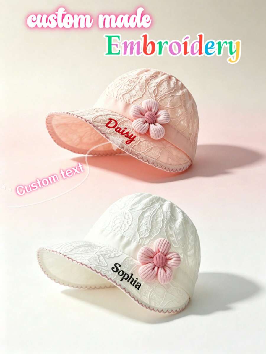 Customizable Embroidered Name Lace Sun Hat, Soft Breathable Hollow Lace Brim Hat With Handmade Flowers, Customizable Text Sun Protection Outdoor Travel Hat, Sweet Summer Bucket Hat, White.Pink.Suitable For Daily Commute, Vacation, Beach Travel And Various Occasions - Multicolor - View 1