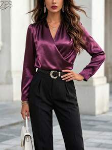 1pc Solid Color Satin Criss-Cross Long Sleeve Blouse Top, Suitable For Everyday, Date Night, Holidays, Vacation, Birthday Party, Singles Party, Travel, Spring/Autumn - Purple - View 3