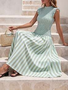 Grün gestreiftes Maxikleid, Damen Rüschen Stehkragen ärmellos geraffte Taille fließend A-Linie Sommerurlaub Sommerkleid - Verschiedenfarbig - Übersicht 8