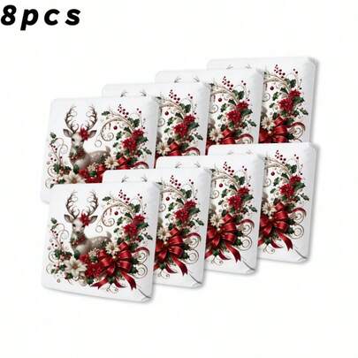 1pc/2pcs/6pcs/8pcs Set Elegant Floral Wreath Silver Spotted Deer Holly Berry Elastic Sofa Cover, Breathable, Washable, Non-Fading, Suitable For Christmas Home Party, New Year Holiday Gathering, Nordic Winter Sunroom, American Rustic Country Christmas Living Room