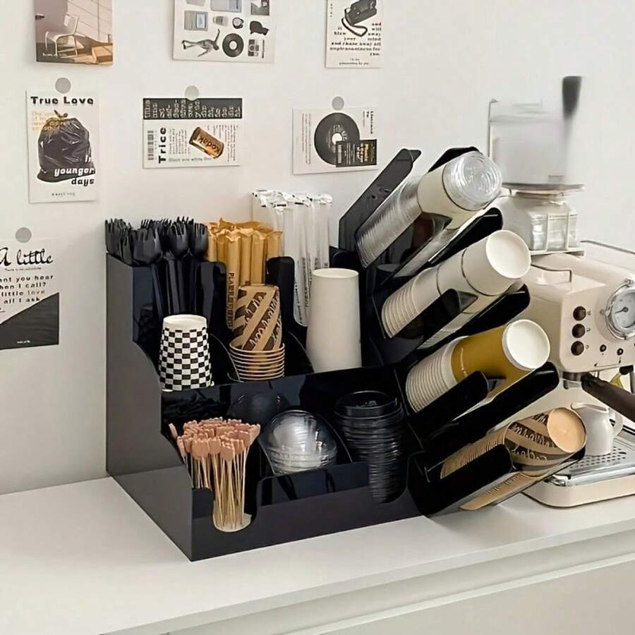 1pc 4-Slot Espresso Cup Holder - Heavy Duty Commercial Coffee Shop/Bar/Office Cup Rack | Space-Saving Countertop Storage Rack With Black Tray | Non-Food Contact Design One-Piece Molded - Black Cup Holder - View 1