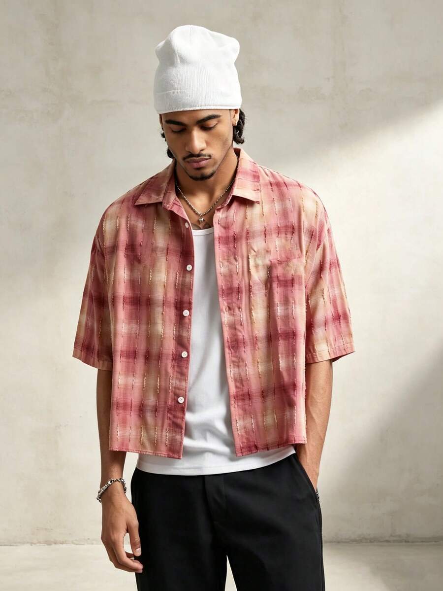 Men's Pink Plaid Drop Shoulder Cropped Shirt, Casual Loose Short Sleeve Textured Button Up Shirt With Chest Pocket - Red - View 1