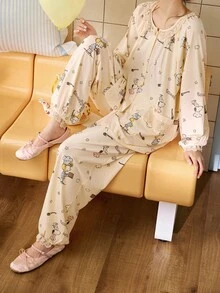 Gongdie 2 Pieces Snoopy Women Pajama Set,Spring Fall Soft Modal Cotton With Lace Trim And Elasticized Cuffs Loungewear - Apricot - View 2