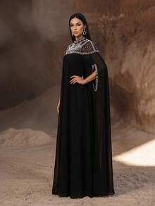 YISIKADO Elegant Chiffon 2 Pieces Set Arabic Robe With Pearl And Rhinestone Embellished High Collar Cape Sleeves, Formal Evening Gown Black Fall - Black - View 6