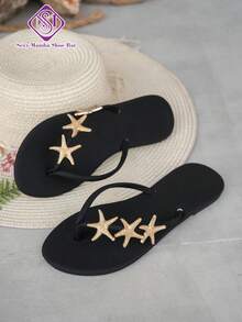 Women's Star Pattern Rhinestone Embellished Flat Sandals, Elegant Thong Slip-On Casual Sandals For Beach, Dreamy Party, Vacation - Black - View 5