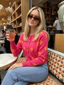 Women Round Neck Color Block Polka Dot Long Sleeve Cropped Knit Cardigan Fall Retro Y2K Daily Street Casual Outerwear - Red - View 3