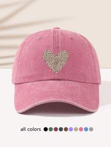 1pc Women's Leopard Print Heart Pattern Outdoor Sports Washed Distressed Fashion Beach Travel Adjustable Soft Top Baseball Cap - A - View 12
