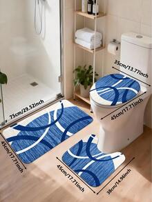 1pc/3pcs Blue & White Abstract Line Pattern Flannel Printed Bathroom Mat, Washable Polyester Fiber Decorative Rug, Soft Skin-Friendly Thick Absorbent Mat, Foldable Easy Care Mat, Available In Bath Mat, U-Shaped Mat, Toilet Lid Cover, Suitable For Bathroom Shower Area, Toilet Washroom, Living Room, Indoor Entrance, Home Use, Home Bathroom Decor Carpet, Multi-Purpose Mat, All-Season Wear-Resistant Mat, Decorative Bathroom Mat - Multicolor - View 6